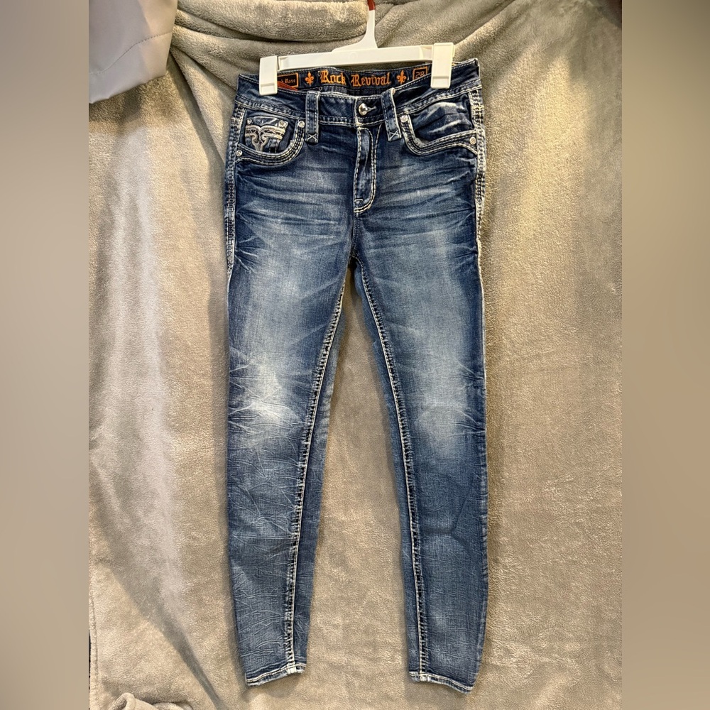 Rock Revival Women's Faded Blue Embellished Skinny Jeans